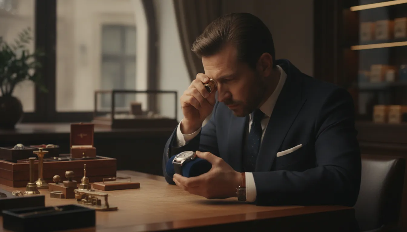 Watchmaker inspecting a timepiece before preparing a watch repair cost estimate