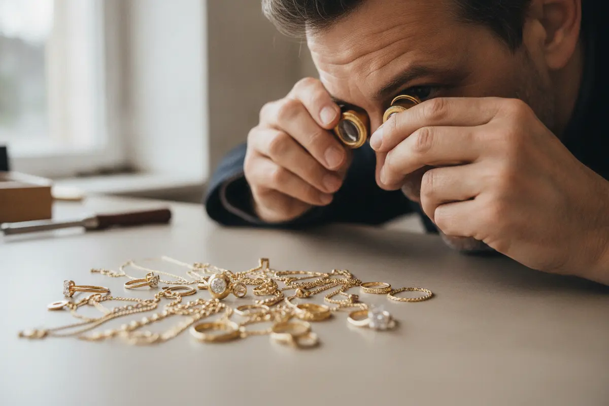 Jeweler inspecting gold jewelry with a loupe