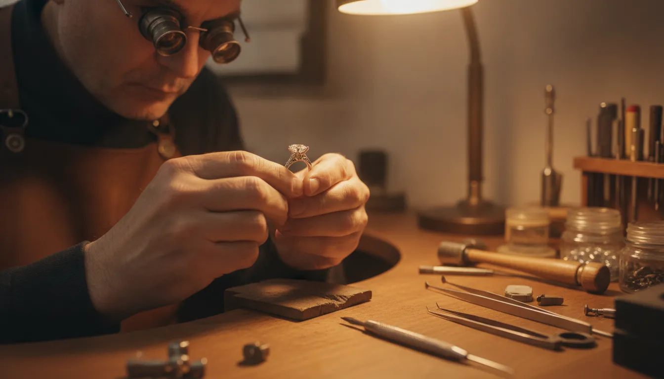 Jeweler inspecting a fine jewelry ring at a professional workbench