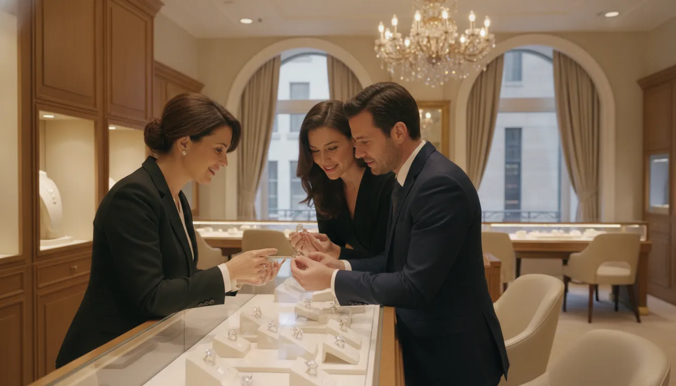 Clients receiving personal guidance inside a luxury jewelry showroom