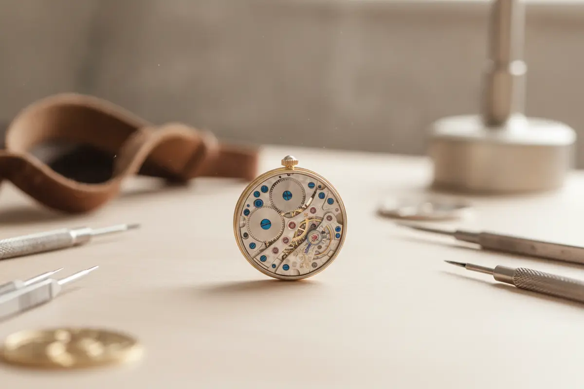 Mechanical wristwatch movement with fine gears and a balance assembly shown in close detail