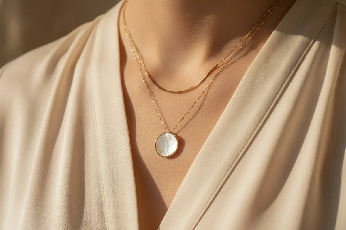Mother-of-pearl pendant layered with fine gold chains
