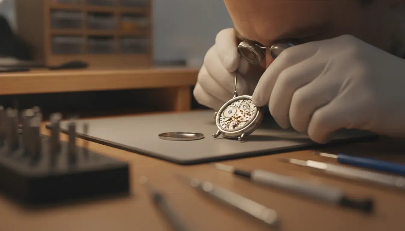 Watchmaker examining the mechanical movement of a luxury watch