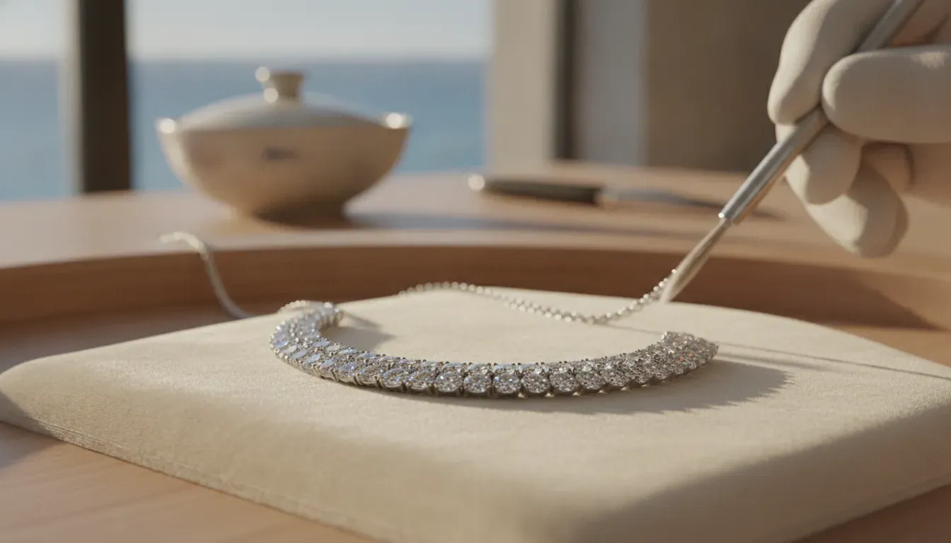 Inspecting a pavé diamond necklace before cleaning
