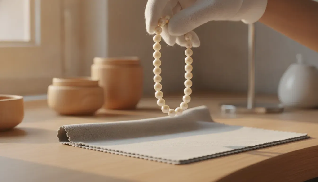 Jeweler carefully handling a pearl necklace during professional pearl jewelry care