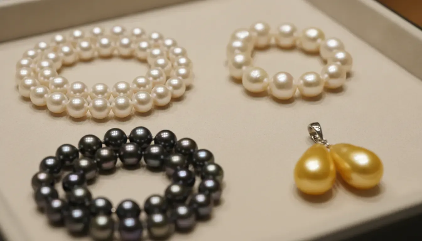 White, black, and golden pearls showing the different pearl types in this pearl jewelry buying guide