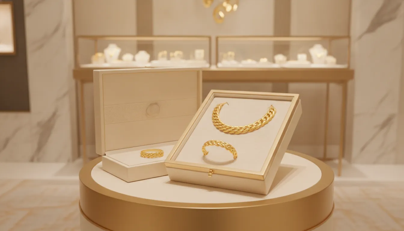 Roberto Coin jewelry gift presentation with gold necklace and bracelet