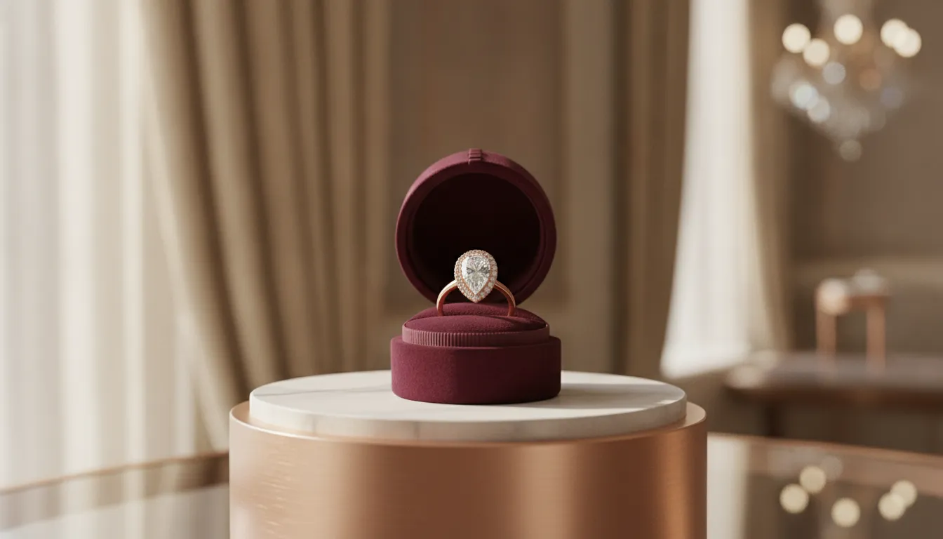 Rose gold engagement ring in box displayed in soft natural light