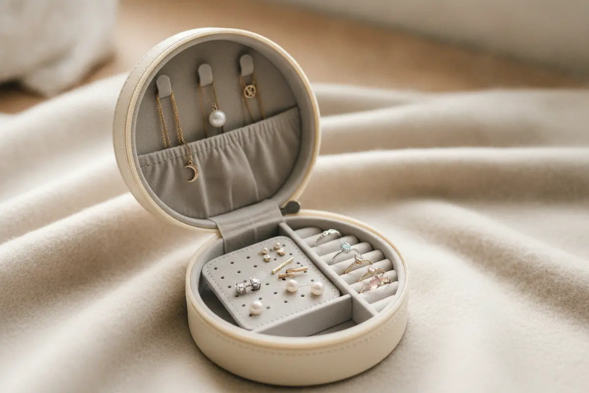 Separate compartments in a travel jewelry case keep necklaces, earrings, and rings organized