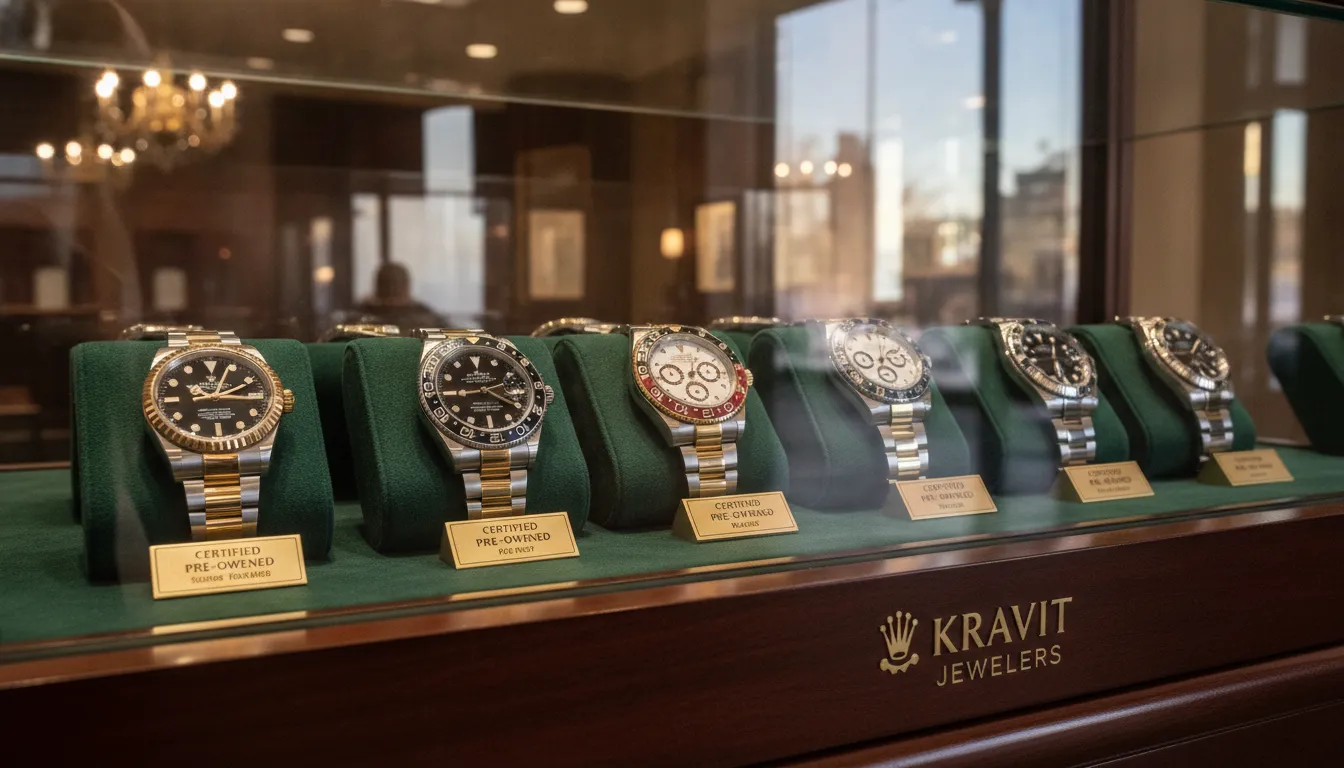 Luxurious showcase of certified pre-owned Rolex timepieces displayed inside the Kravit Jewelers Oceanside NY showroom