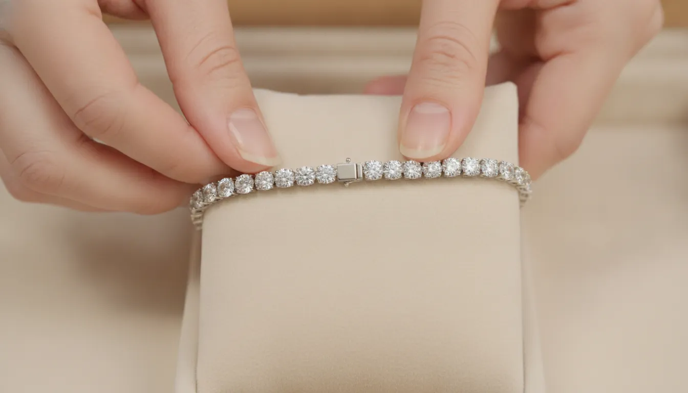 Close view of a tennis bracelet box clasp being opened carefully by hand