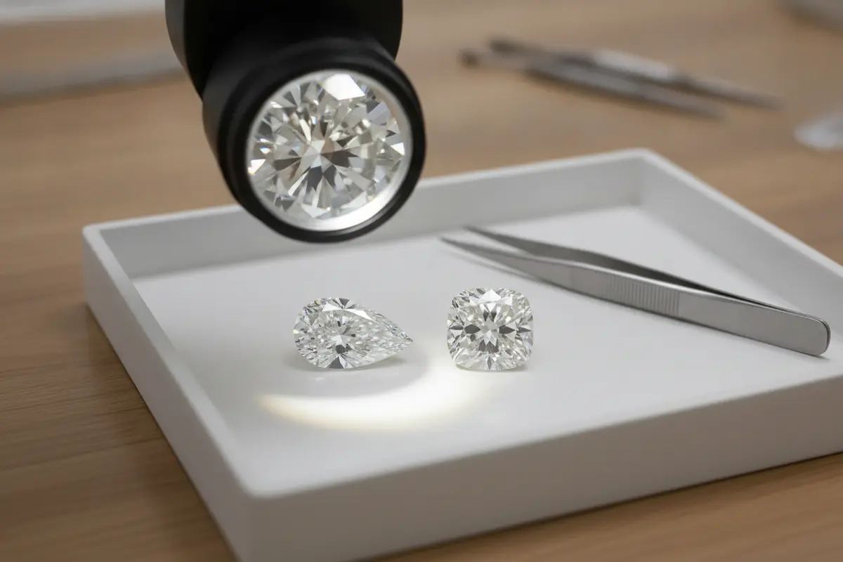 Two loose lab-grown diamonds examined on a jeweler’s inspection tray