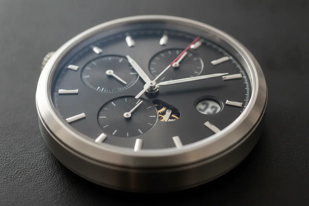 Watch dial showing a date display and chronograph subdials