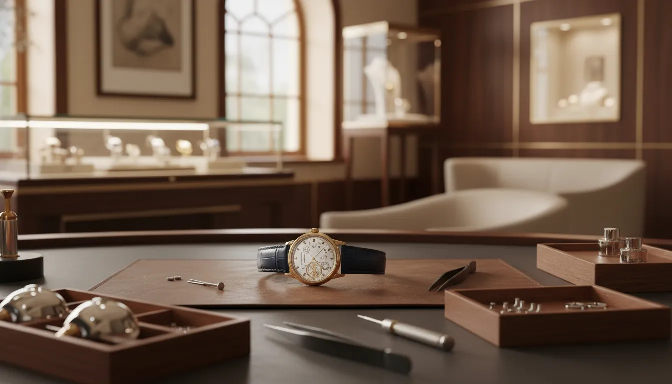 watch repair service inspection at a fine jewelry service bench