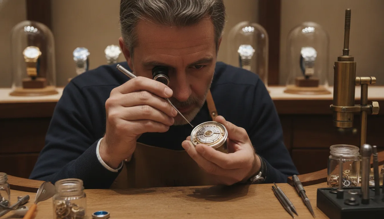 Expert Swiss-trained watchmaker inspecting a Rolex Certified Pre Owned luxury watch at Kravit Jewelers on Long Island