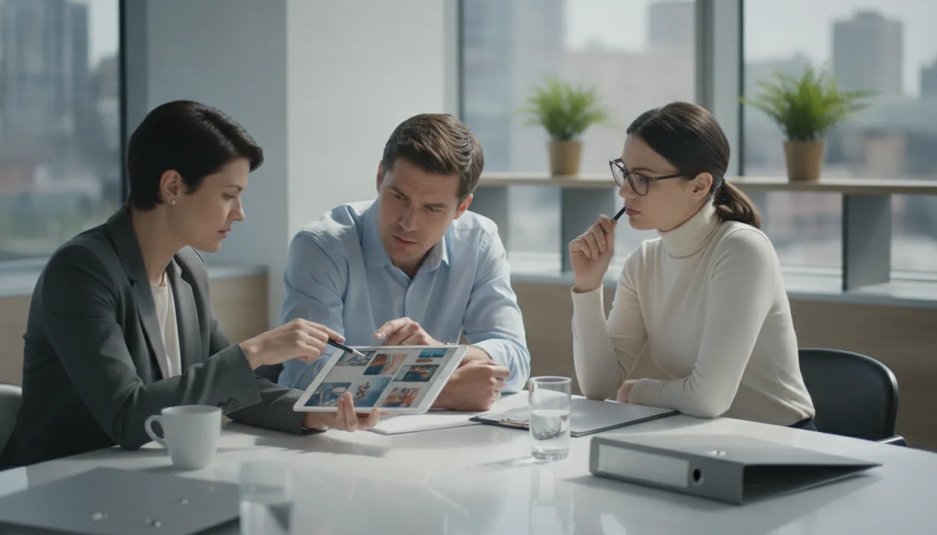Investigative team reviewing case evidence on a tablet in a modern office