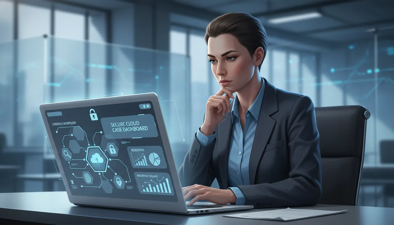 Investigator reviewing a secure cloud case management workflow