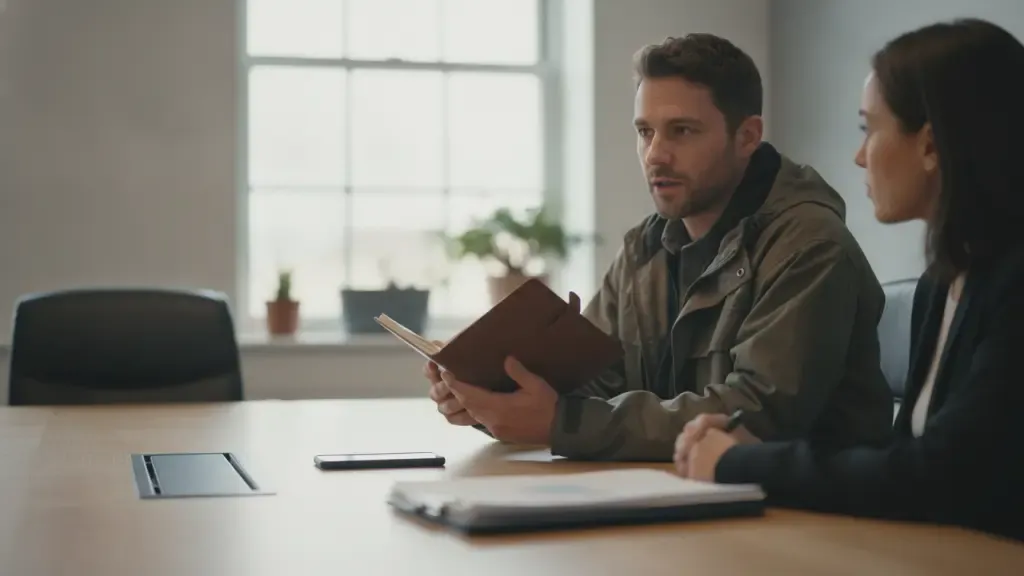 Investigator and case manager discussing an AI-assisted investigation workflow