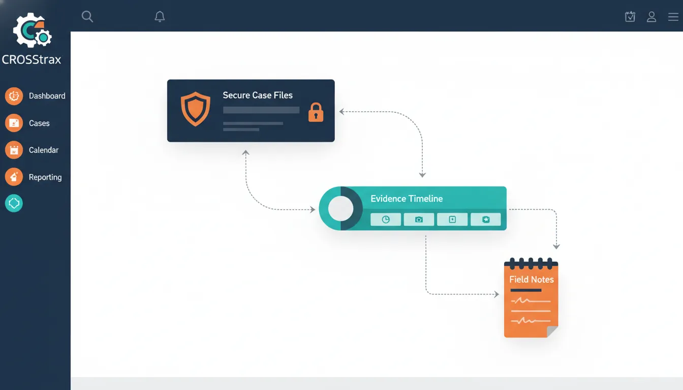 Case management software for private investigators workflow diagram showing case files evidence and reporting