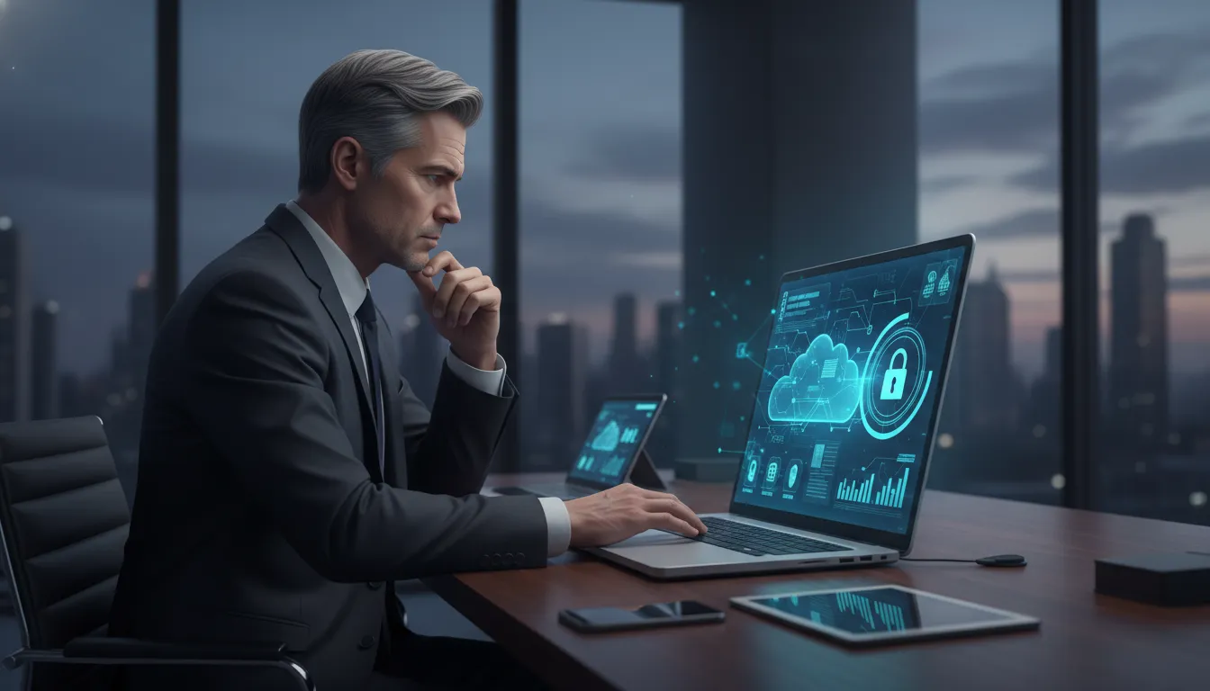 Private investigator reviewing secure cloud based private investigator software
