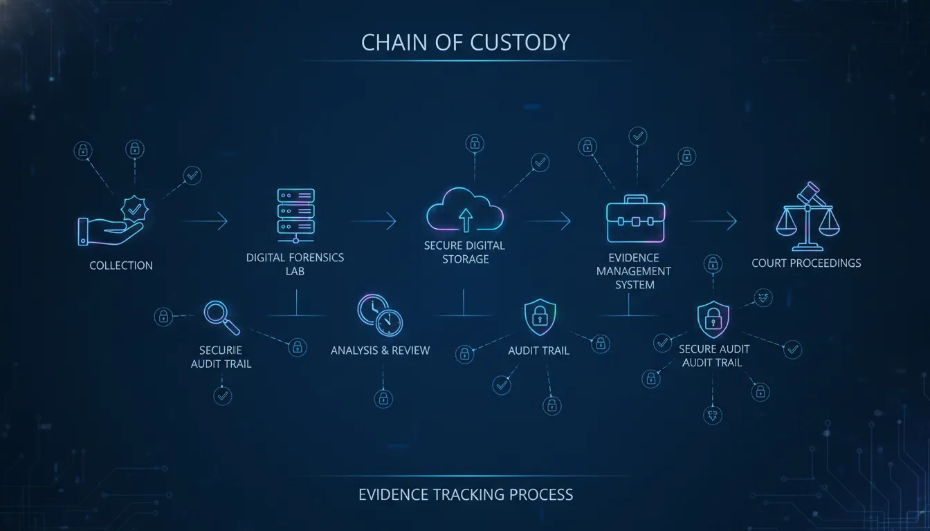 Digital chain of custody tracking diagram showing evidence from collection through court proceedings with secure audit trail