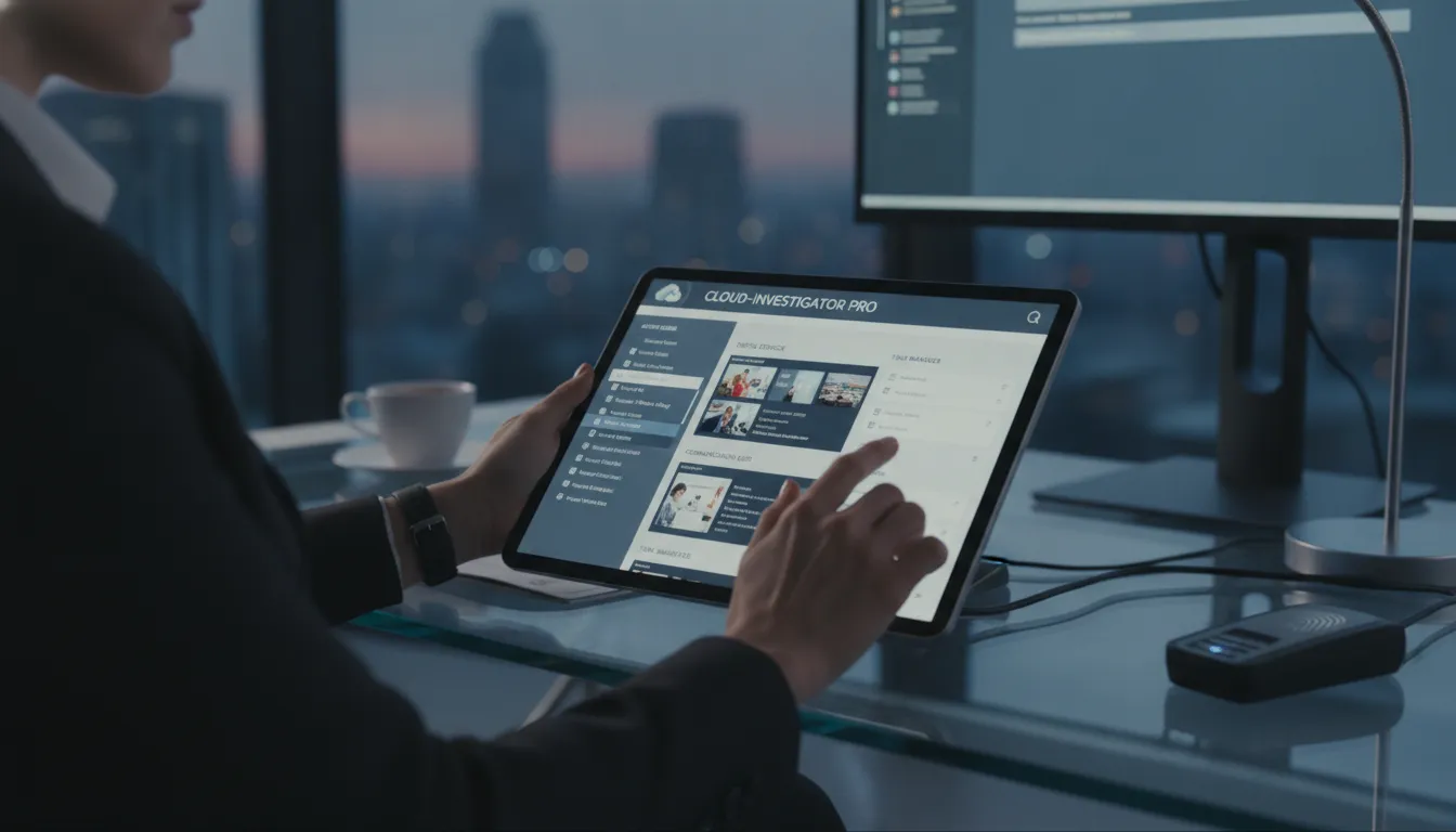 Private investigator reviewing digital evidence files organized in a cloud-based case management dashboard