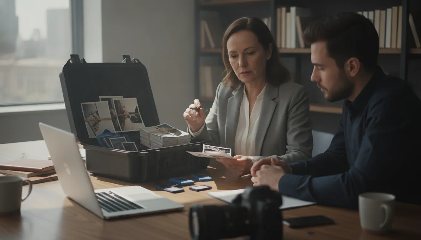 Investigator reviewing organized digital evidence with a colleague