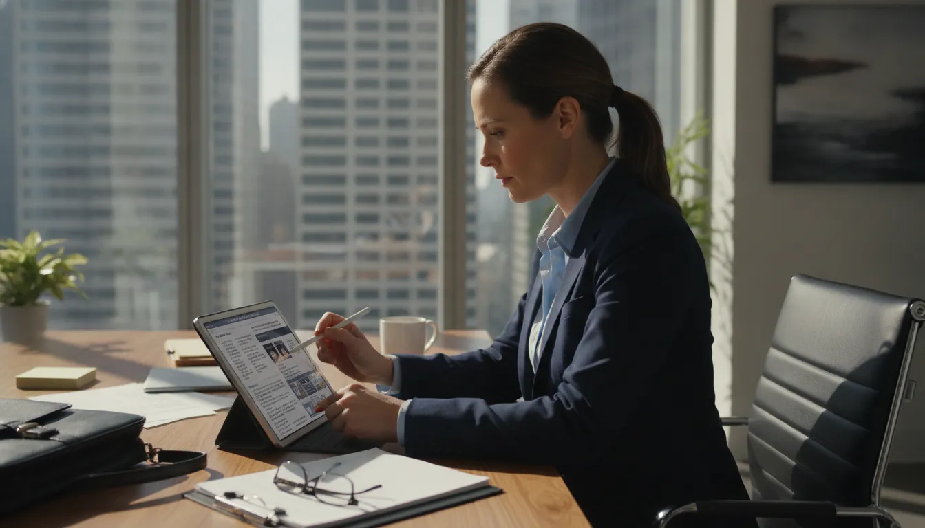 A professional private investigator in a modern office reviewing case intake files on a digital tablet