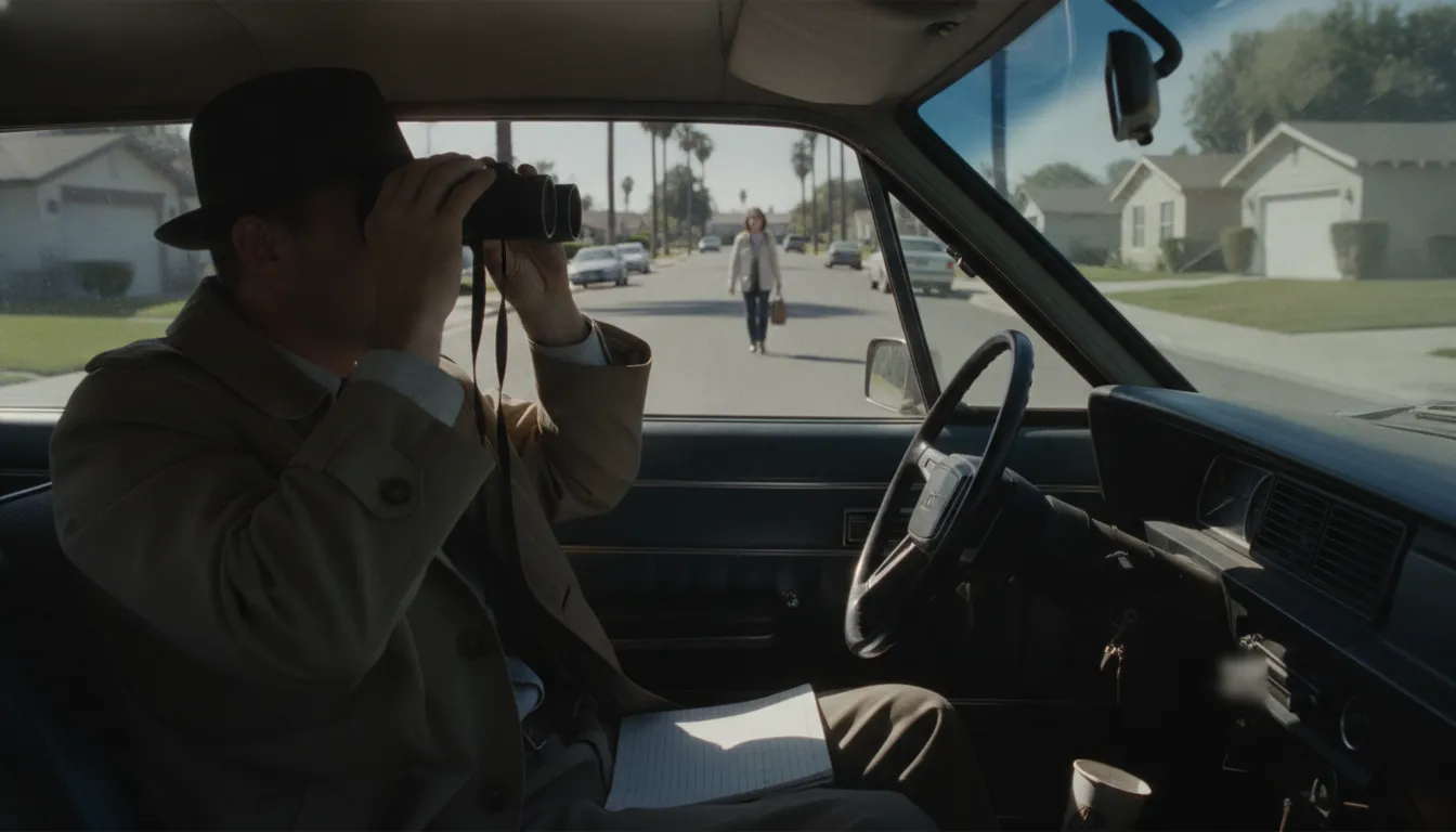 A private investigator observing from a parked car during a workers compensation surveillance assignment