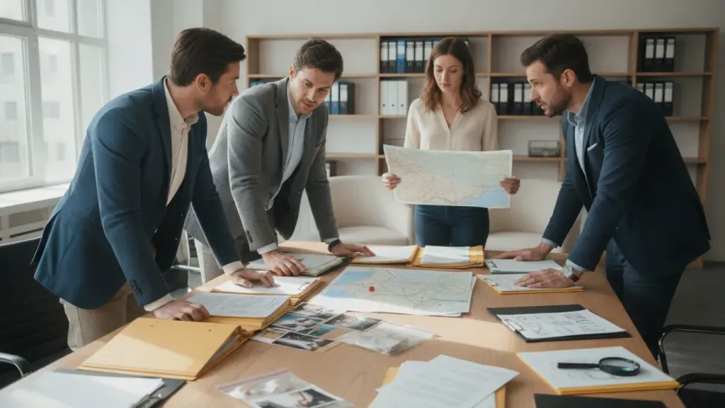 Private investigators organizing case records and evidence references around a shared workspace
