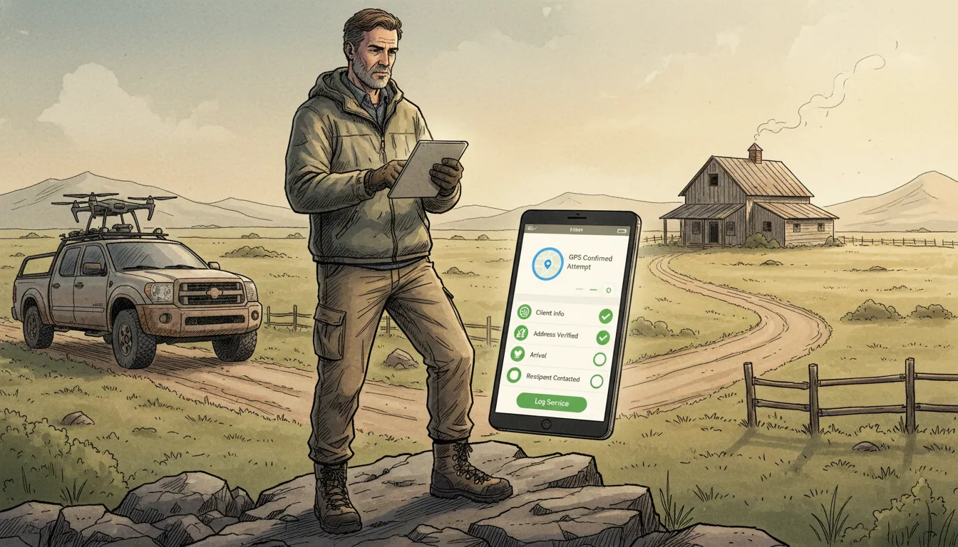 Process server tracking workflow with GPS-confirmed field update