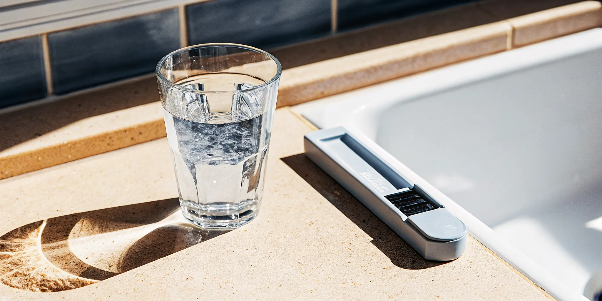 Well water testing beside a sink with black mineral stains