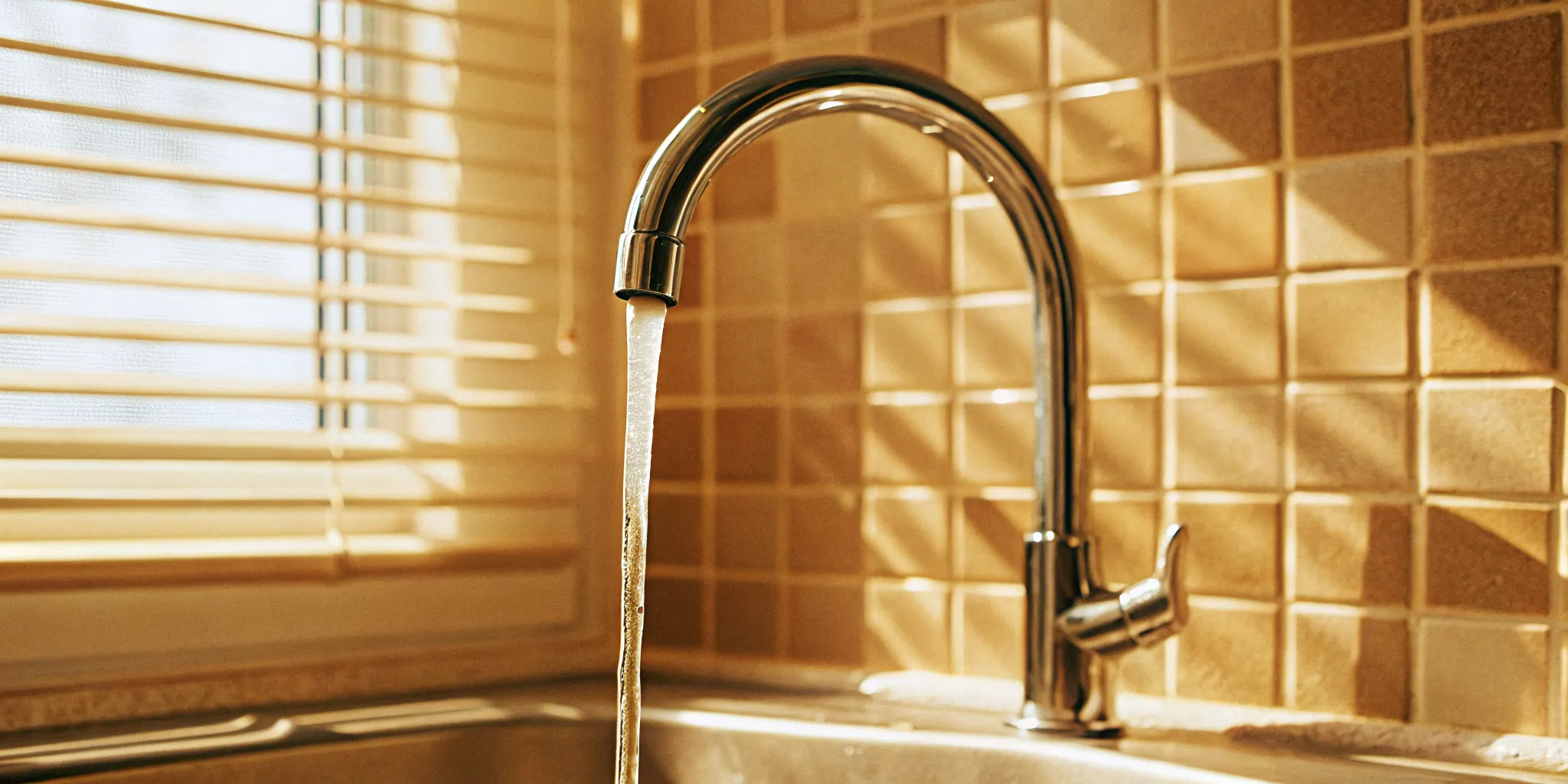 Clean home plumbing system with running water from faucet