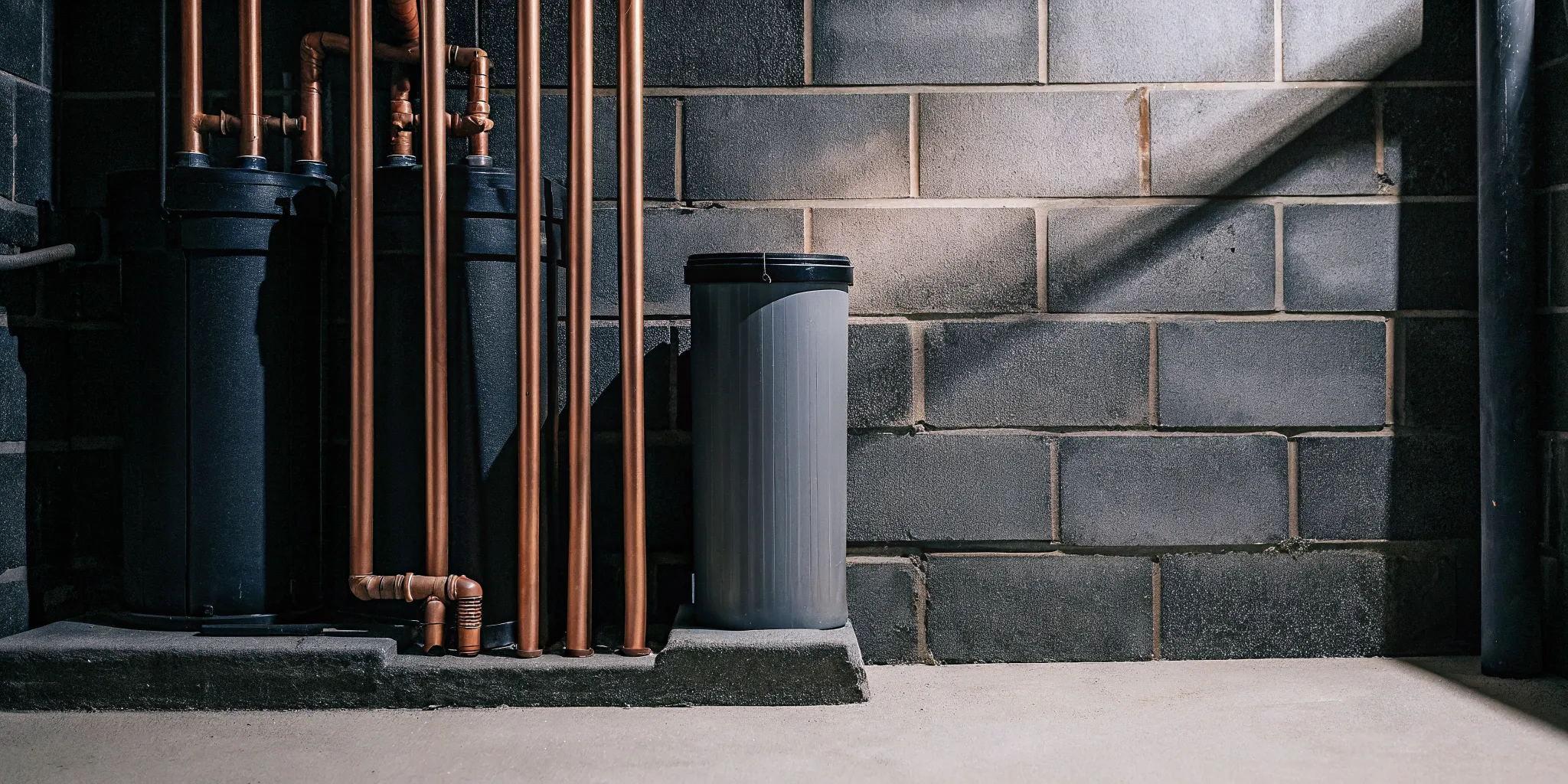 Professional whole home well water filtration system in basement next to copper pipes