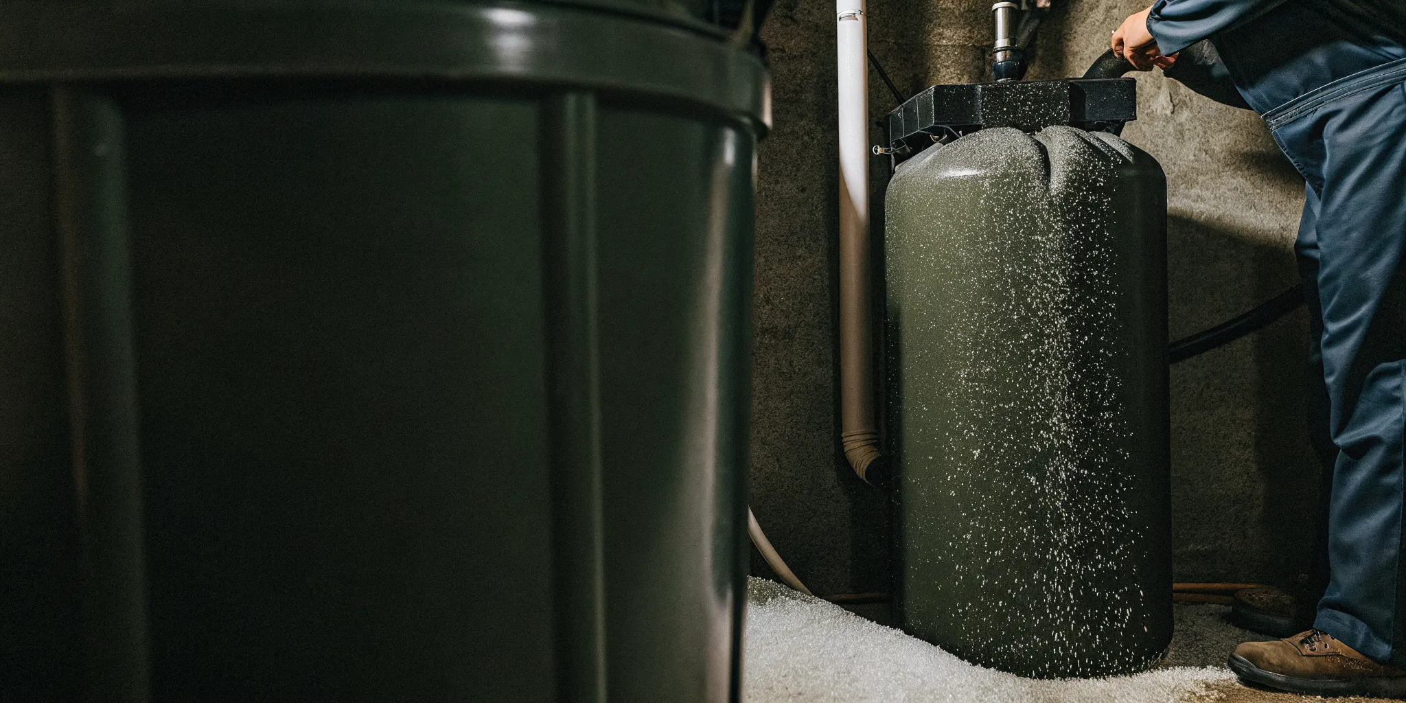 Technician checking a water softener brine tank during maintenance