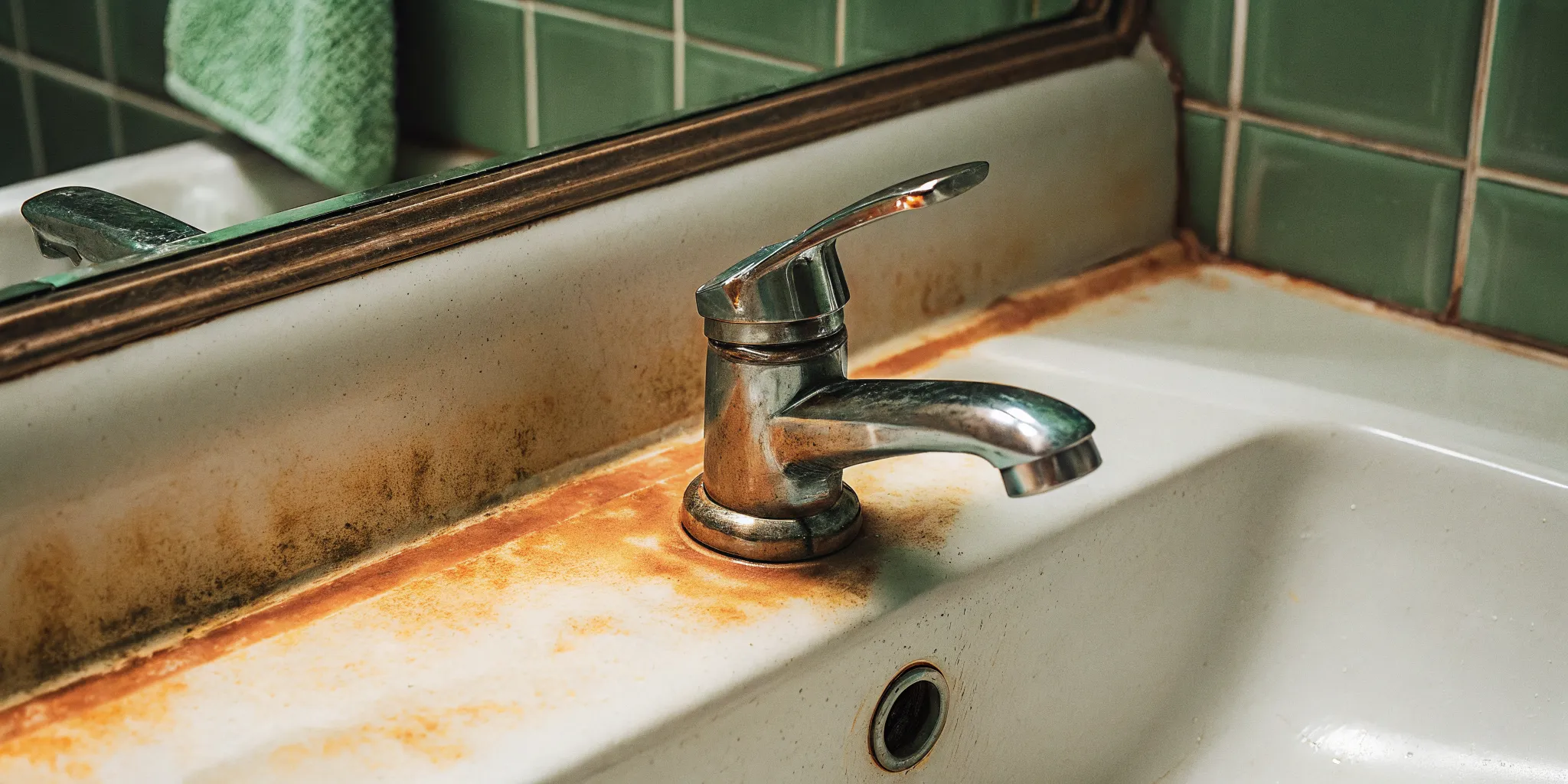 Orange iron staining on a white bathroom sink from hard well water in a Minnesota home