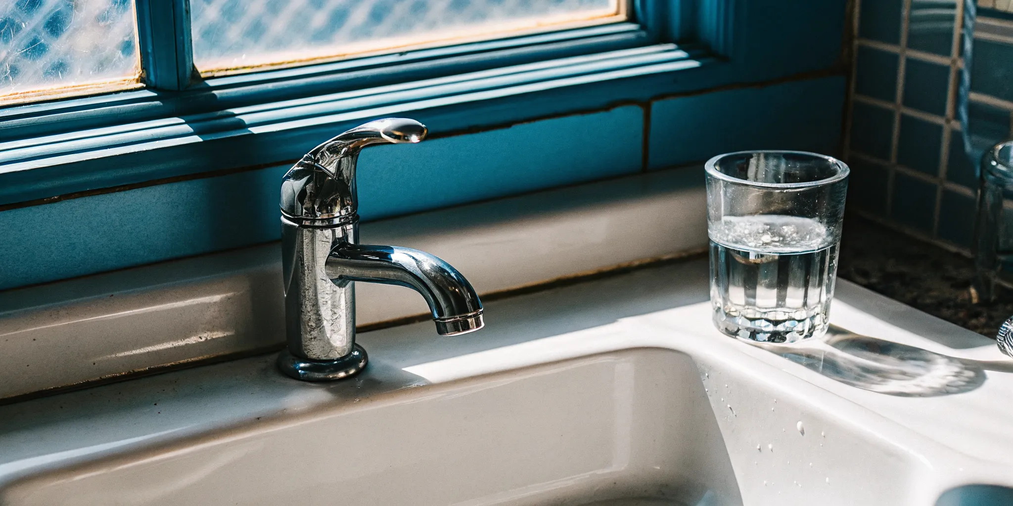 Orange stains from well water around a white sink faucet