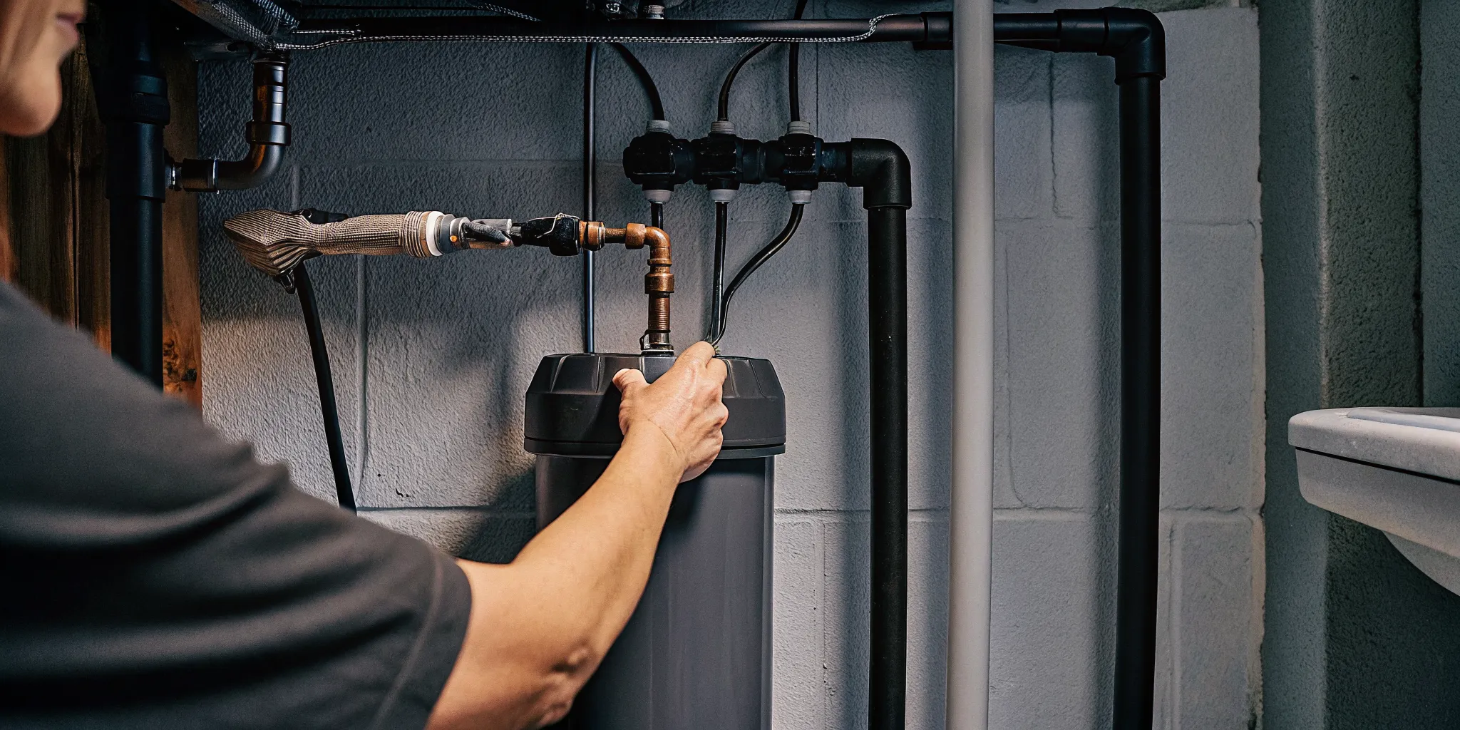 Homeowner inspecting plumbing for a leak that can increase softener demand