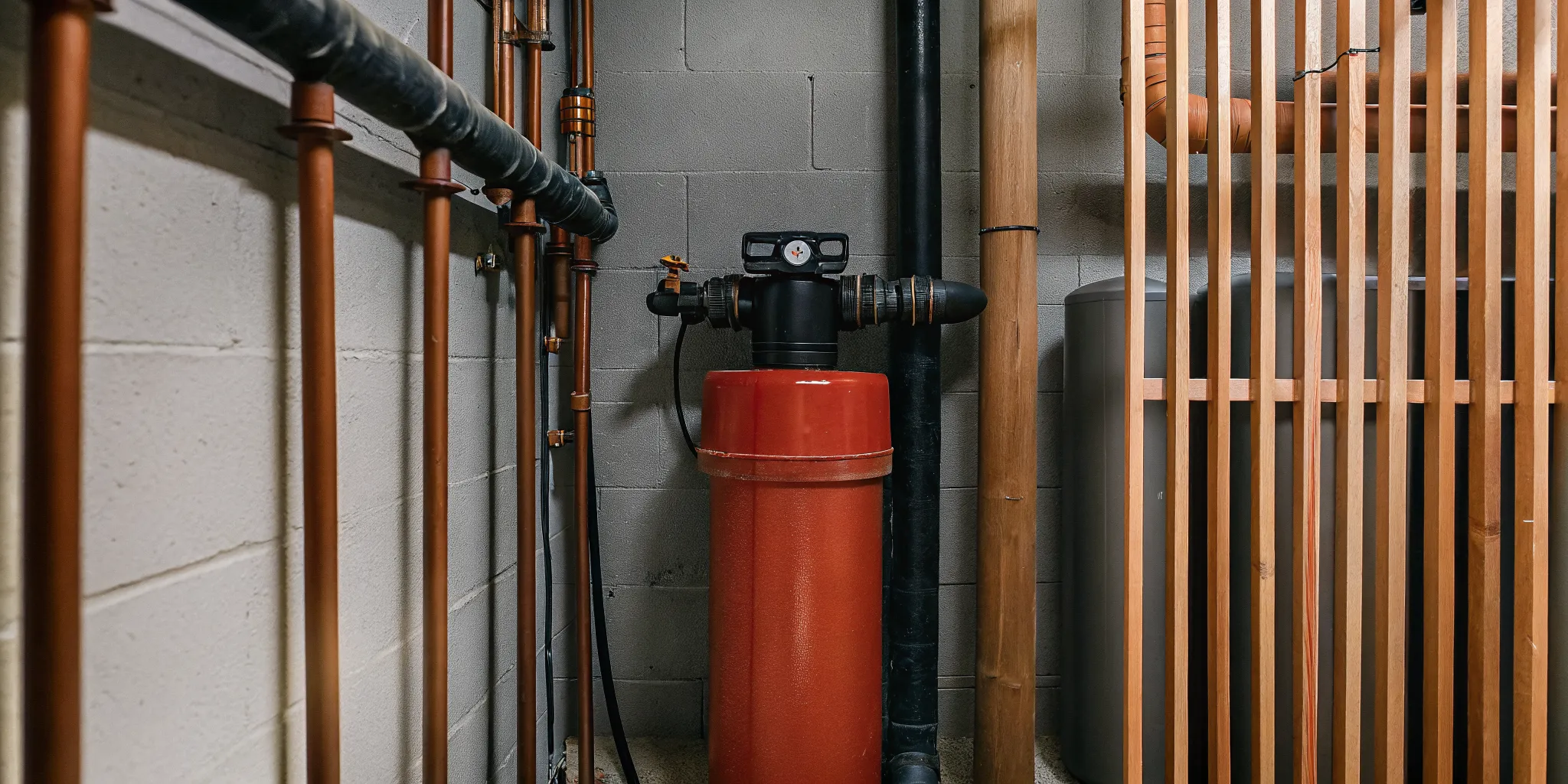 A professionally installed high-flow water softener system with clean copper plumbing lines in a home basement
