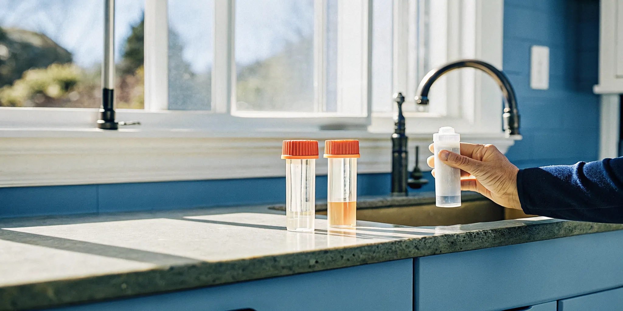 Clear and orange-tinted well water samples beside a test kit