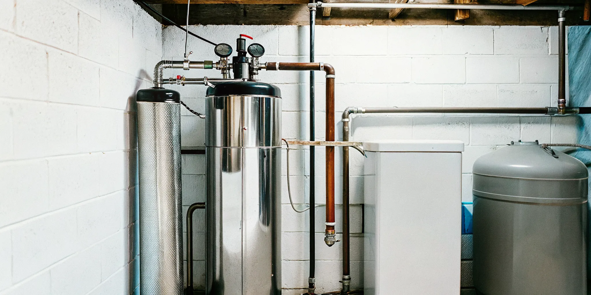 Professional iron filtration system installed in a Minnesota home basement, clean water treatment equipment