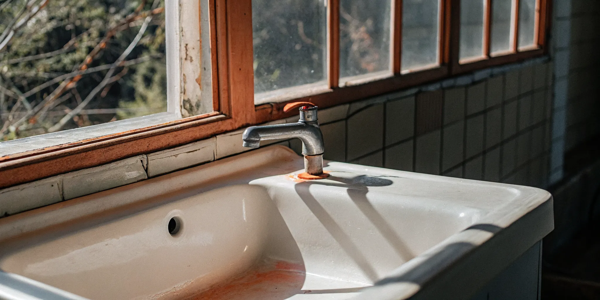 Orange stains from well water around a white porcelain sink drain