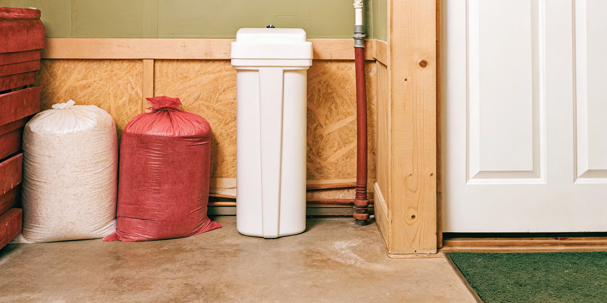 Dry organized water softener area that helps prevent salt bridges