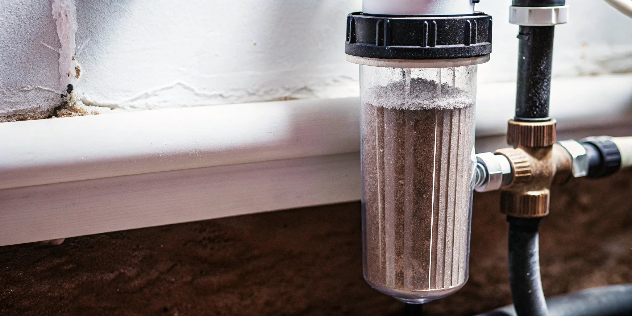 A clean sediment prefilter installed on a residential water line to capture sand and rust