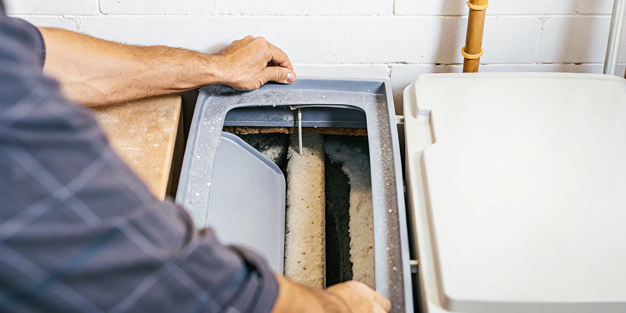 Homeowner safely inspecting a water softener salt bridge in a brine tank
