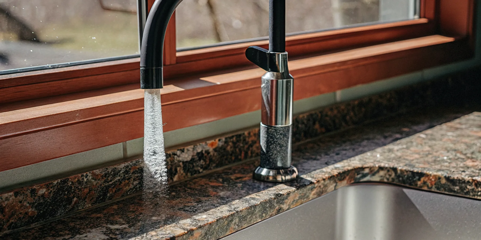 Close up of white crusty mineral residue around a modern kitchen faucet nozzle