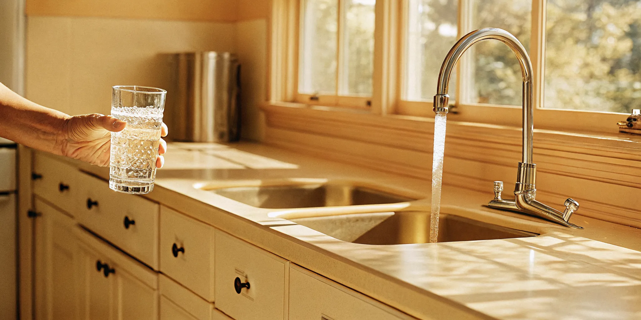 Glass of cloudy tap water clearing beside a kitchen faucet