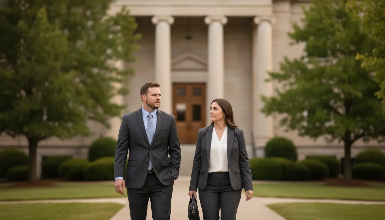 Client and attorney walking toward a Virginia courthouse