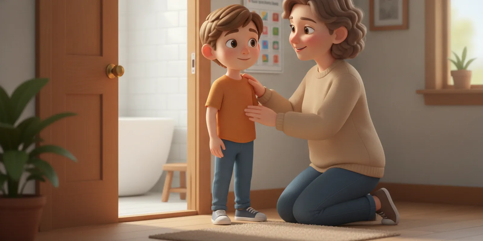 Caregiver calmly supporting an autistic child during a bathroom routine at home
