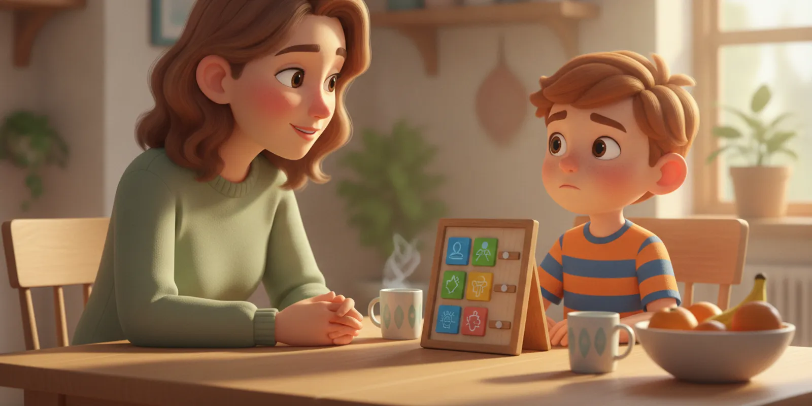 Caregiver and child calmly looking over a bathroom routine chart at home